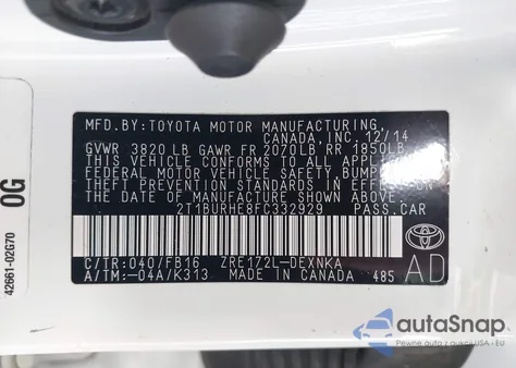 2015 Toyota Corolla Le from USA, damaged, VIN 2T1BURHE8FC332929